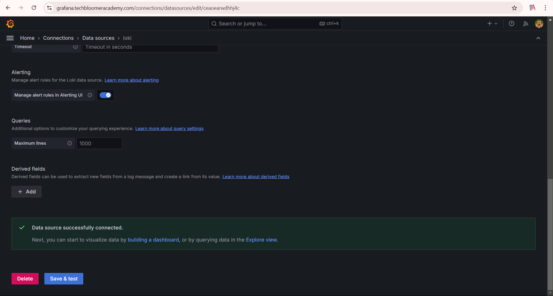 Save and test the datasource